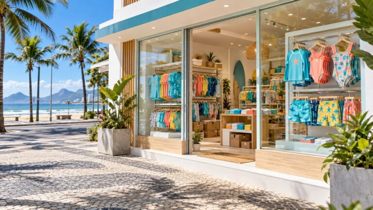 Loja de moda praia infantil em uma avenida à beira-mar, com vitrine de roupas coloridas e palmeiras ao fundo.