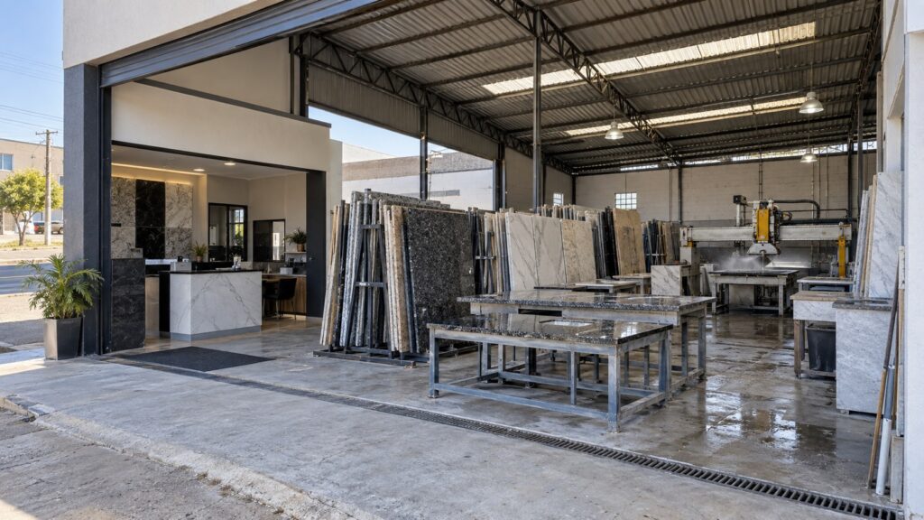 Marmoraria de porte intermediário, com recepção, chapas de mármore e granito e área de produção organizada.
