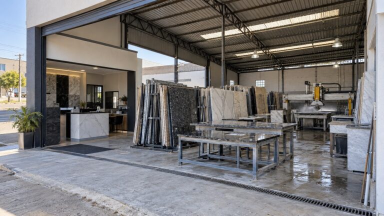 Marmoraria de porte intermediário, com recepção, chapas de mármore e granito e área de produção organizada.