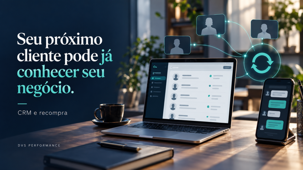 Capa sobre CRM e recompra, com notebook, contatos conectados e celular, e a frase Seu próximo cliente pode já conhecer seu negócio.