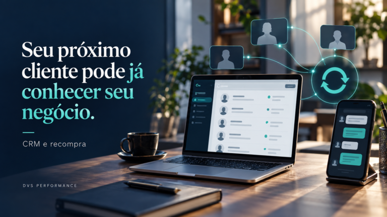 Capa sobre CRM e recompra, com notebook, contatos conectados e celular, e a frase Seu próximo cliente pode já conhecer seu negócio.