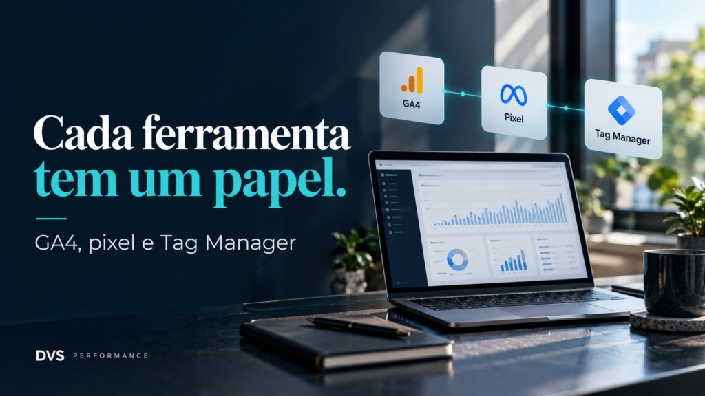Notebook e cartões de GA4, Pixel e Tag Manager: cada ferramenta tem um papel.