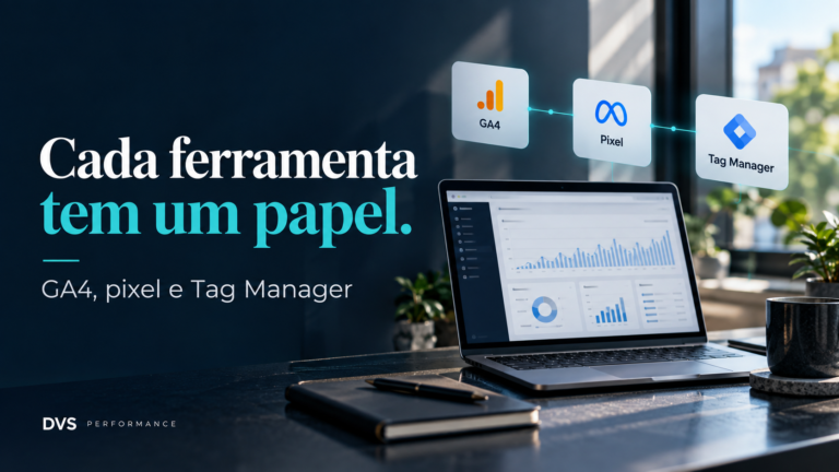 Notebook e cartões de GA4, Pixel e Tag Manager: cada ferramenta tem um papel.