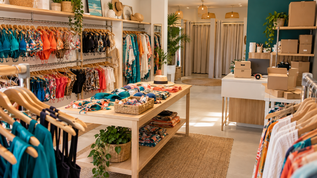 Interior de uma loja de moda praia adulta, com biquínis em araras e uma área de preparação de pedidos do e-commerce, sem identificação comercial.