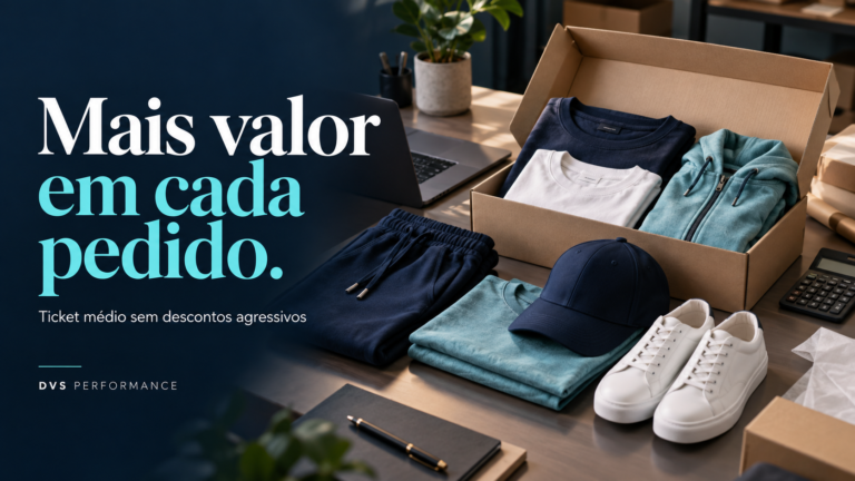 Conjunto de roupas e acessórios organizado para um pedido, com a frase Mais valor em cada pedido.