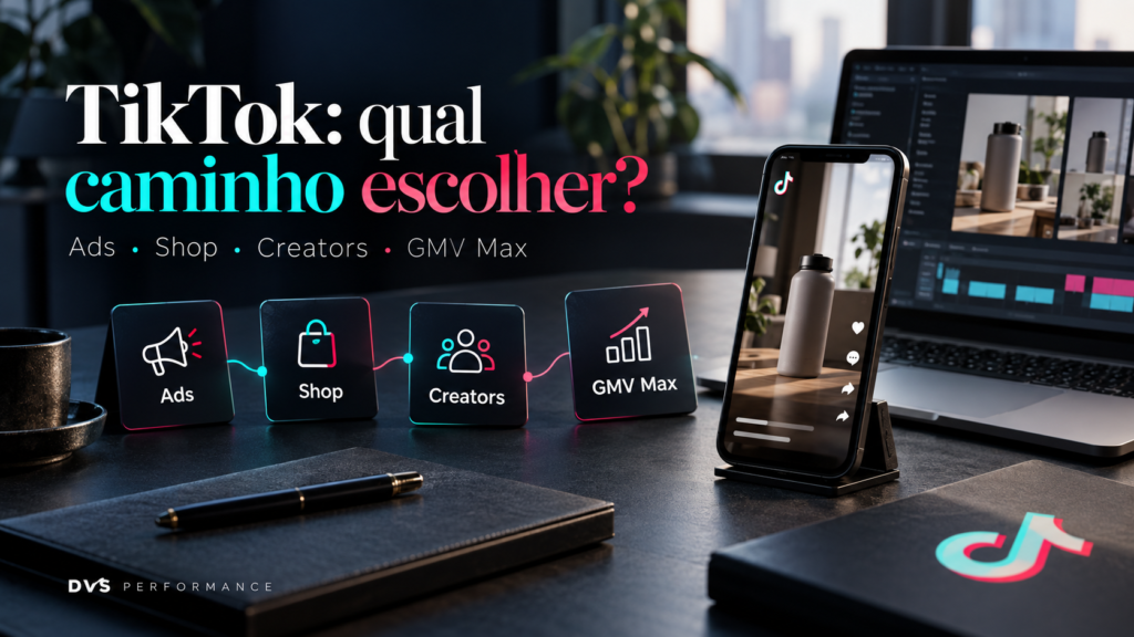 Capa DVS com smartphone, notebook e cartões de Ads, Shop, Creators e GMV Max: TikTok, qual caminho escolher?