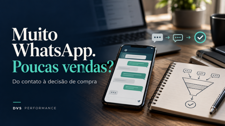 Celular com conversas e desenho de funil de vendas sobre uma mesa, com a chamada Muito WhatsApp. Poucas vendas?