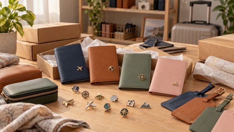 Capas para passaporte, pins e etiquetas de bagagem organizados em uma mesa de preparação de pedidos.