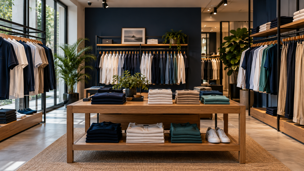 Interior de uma loja de moda masculina com camisas, polos e calças organizadas em araras e mesas de madeira.