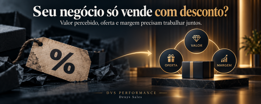 Capa do artigo sobre dependência de descontos: etiqueta de promoção e os pilares valor, oferta e margem.