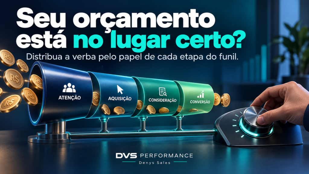 Capa sobre orçamento de tráfego pago, com funil de atenção, aquisição, consideração e conversão e controle de distribuição de verba.