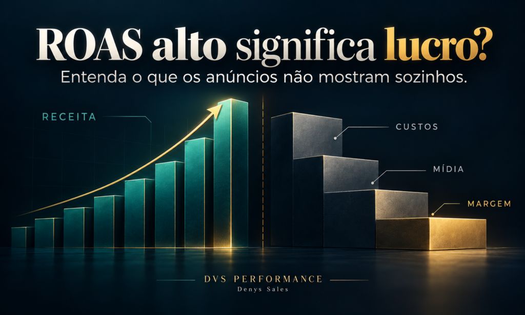 Capa do artigo ROAS alto significa lucro, comparando crescimento da receita com custos, mídia e margem disponível.